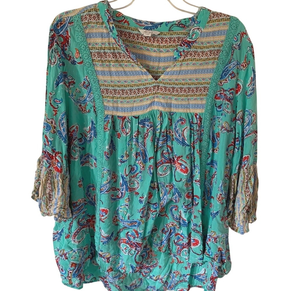 Cato XL Blouse Teal Multi Paisley Geometric Crochet Trim Bell Sleeve Tunic